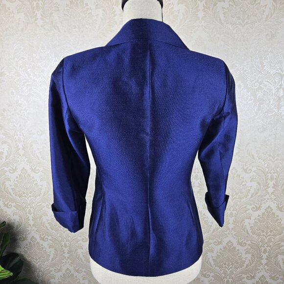 Talbots Size 2P Blue Blazer Silk/Cotton Blend 3/4 Cuffed Sleeve 1 Button Closure - Picture 6 of 11